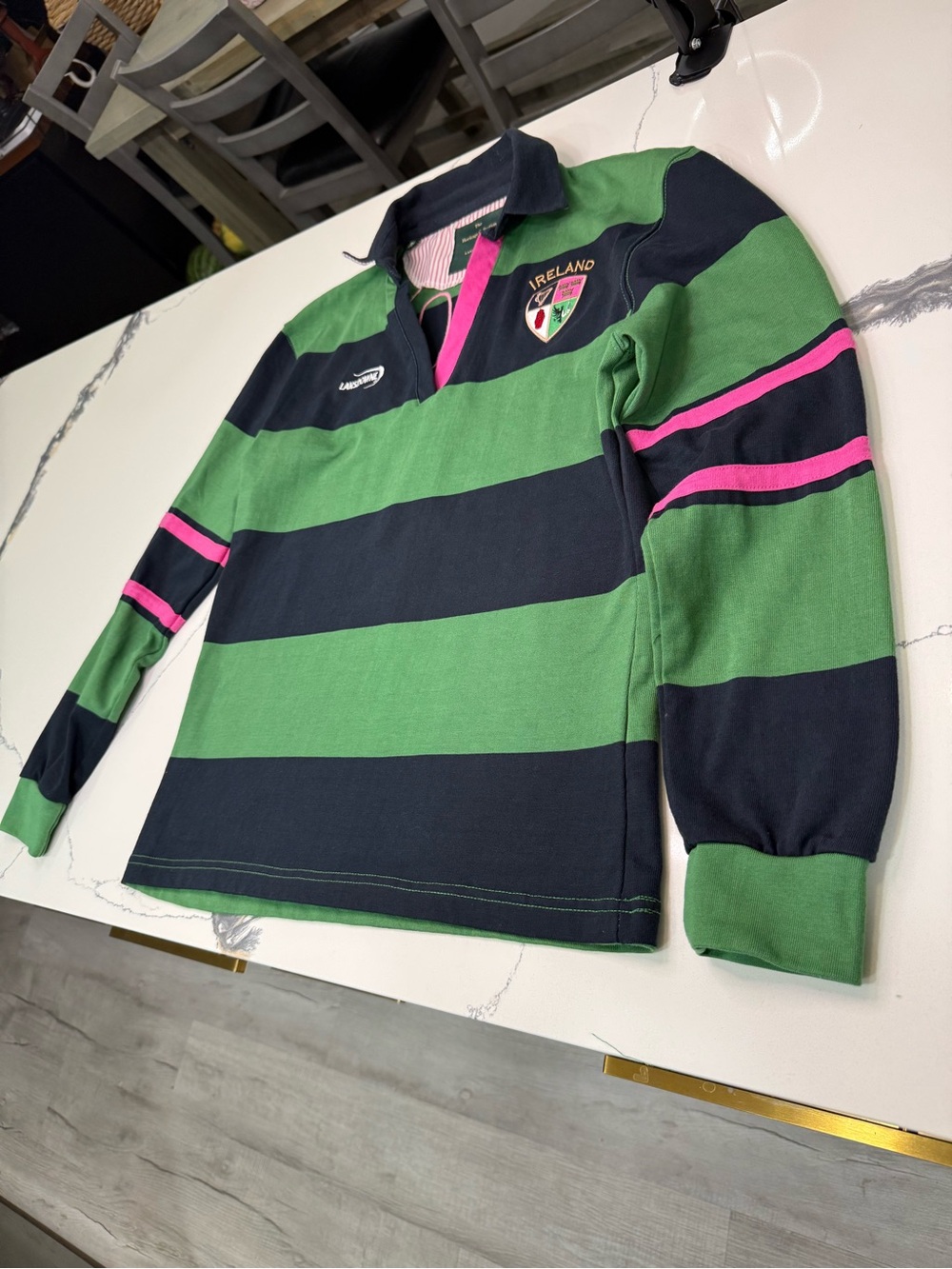 Vintage Lansdowne Ireland Sports Green And Navy Striped Women’s Rugby Polo Sz 16